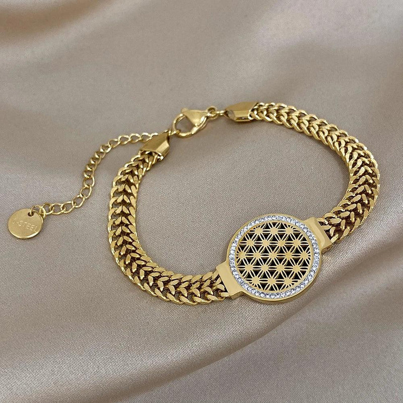 Pulseira Flor da Vida - Banhada Ouro 18k  Pulseira dourada Pulseira geometria sagrada Pulseira geometria Pulseira flower of life Pulseira mistica