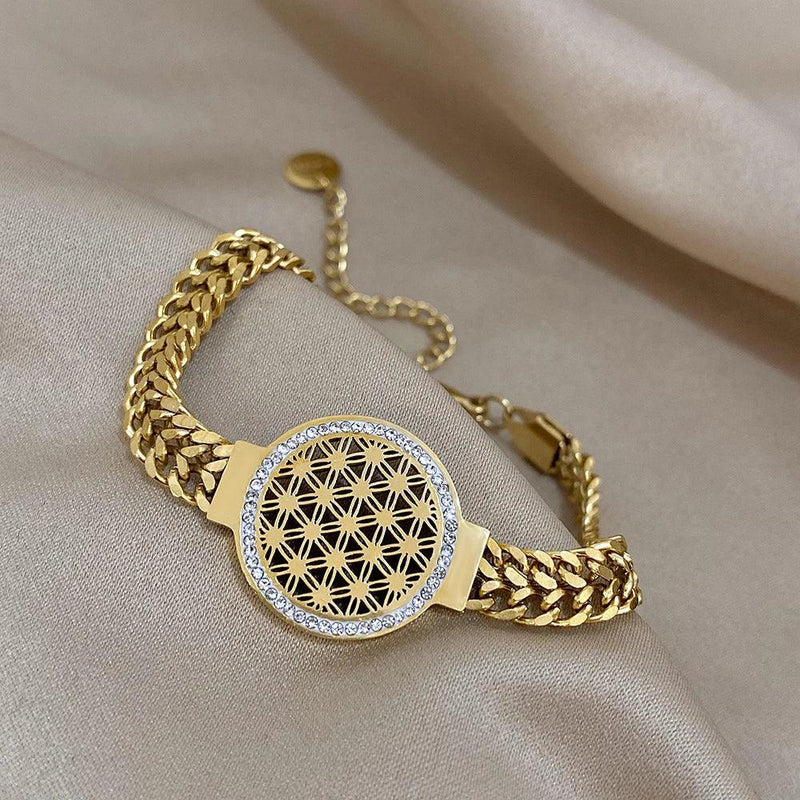 Pulseira Flor da Vida - Banhada Ouro 18k  Pulseira dourada Pulseira geometria sagrada Pulseira geometria Pulseira flower of life Pulseira mistica