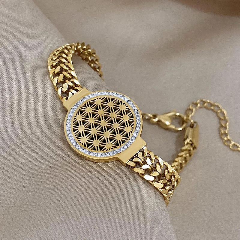 Pulseira Flor da Vida - Banhada Ouro 18k  Pulseira dourada Pulseira geometria sagrada Pulseira geometria Pulseira flower of life Pulseira mistica